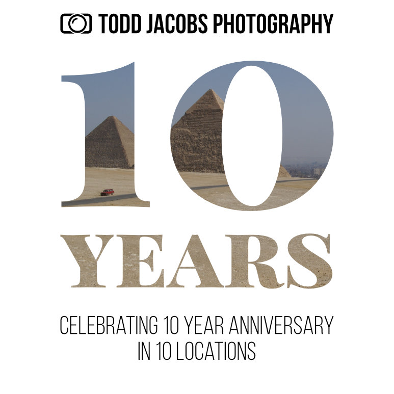 Todd Jacobs Photography Celebrating 10 Years in 10 Location (large graphic of the number 10 overlaid with picture of pyramids in egypt)
